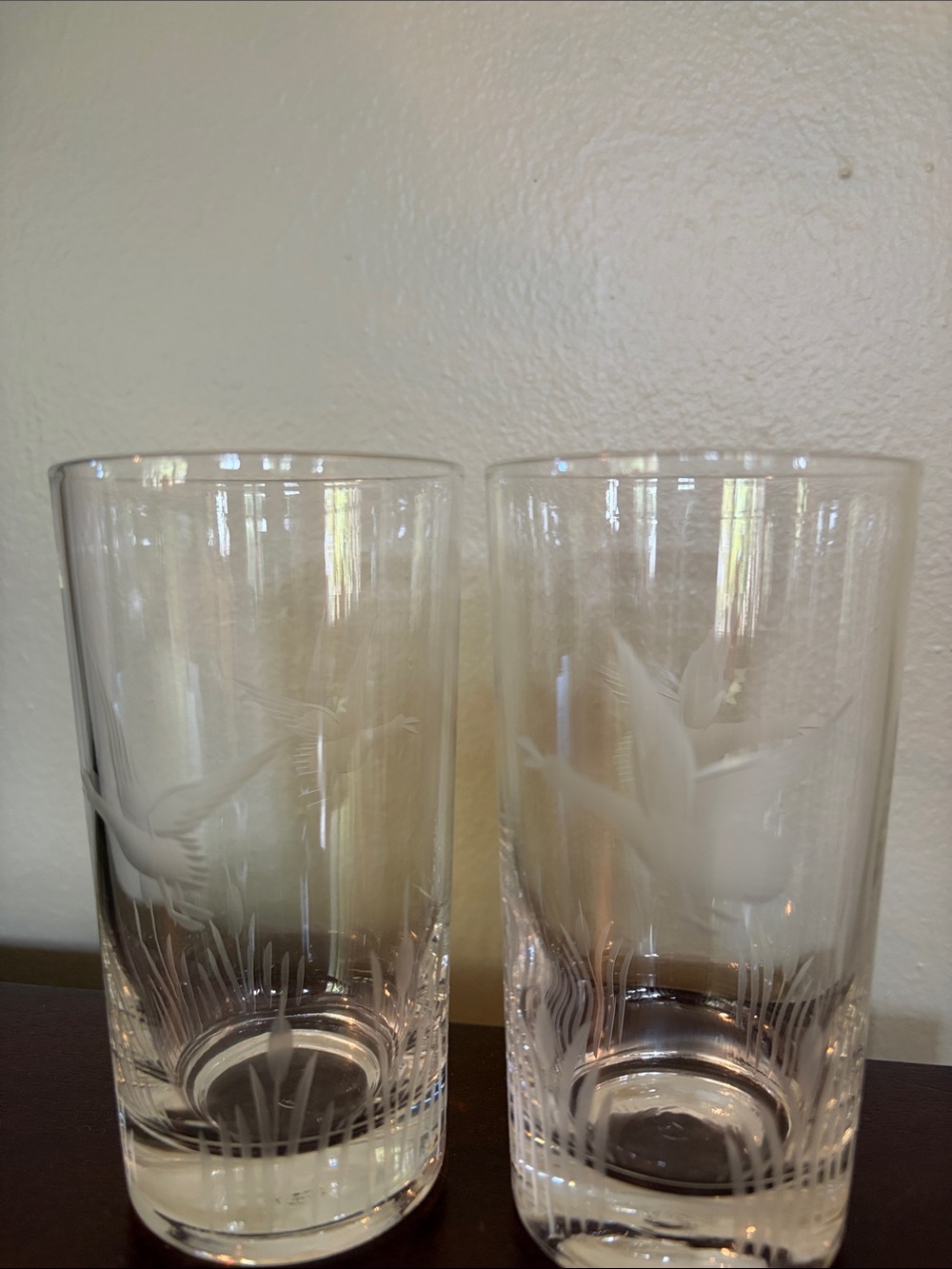 Vintage MCM Libbey Sand-etched Duck Cattail Marsh 10 oz. Highball Glass set of 2